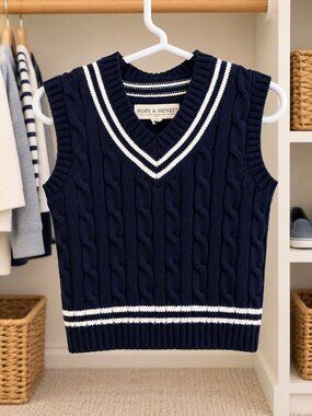 Hope & Henry Navy Blue Cable Knit Sweater Vest White Stripe V-Neck Preppy